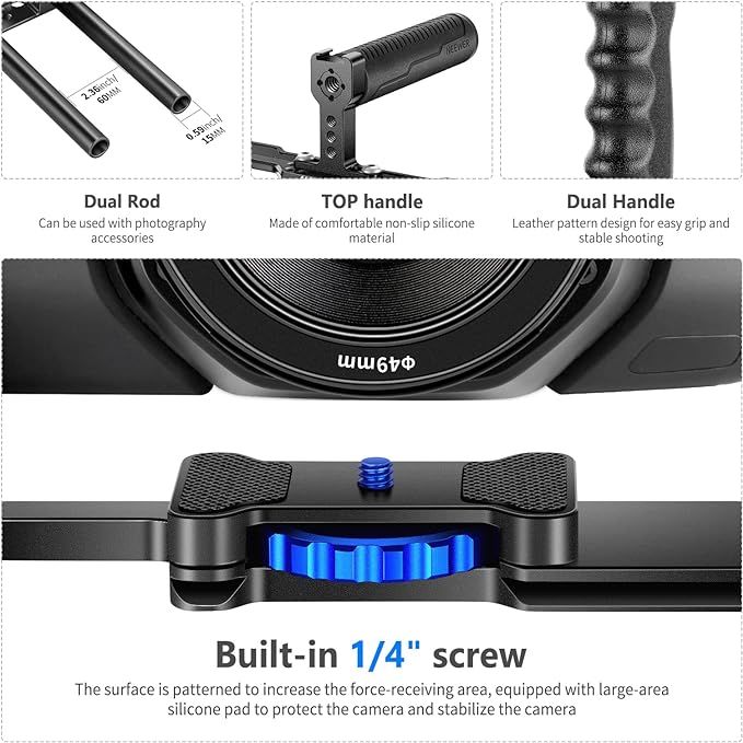 NEEWER Aluminum Alloy Camera Cage, Filmmaking Rig with Top Handle, Dual Grips & Arca Type Base, Compatible with Sony A7S III A7IV A6600 Canon EOS R5C R5 R6 DSLR/Mirrorless Cameras - VS107, Blue