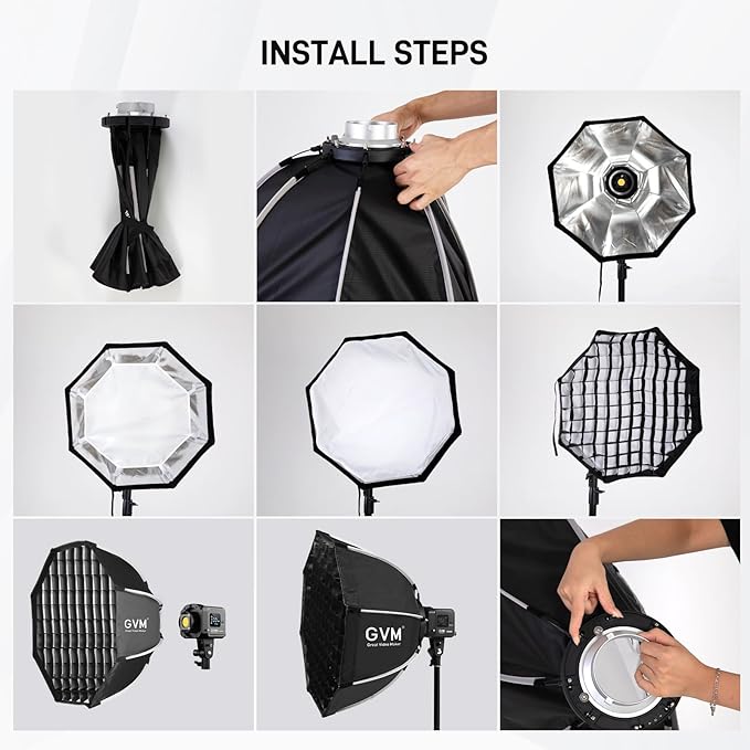 GVM 24.6in Softbox Soft Light Bowens Mount, 65cm Quick Release Softbox & Honeycomb Grid Compatible with GVM P80S/ SD80D/G100W/PR150R/PRO-SD200B/PRO-SD300B Video Light and Other Brand Video Lights