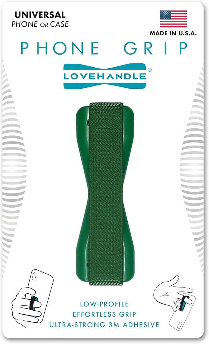 LOVEHANDLE Universal Phone Grip for Smartphones & Mini Tablets - Phone Holder for Hand - Wireless Charging Compatible - Made in The USA - Solid Green