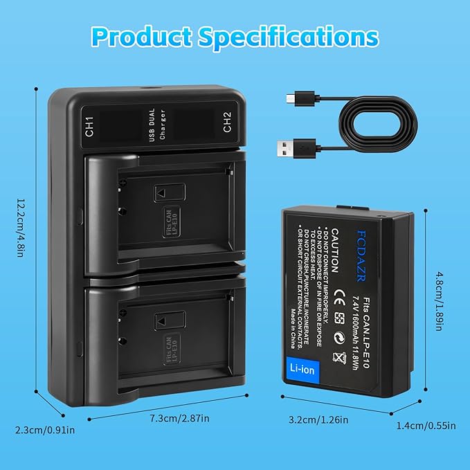 LP E10 Battery(2-Pack) and Dual Charger for Canon LP E10,EOS Rebel T7 T6 T5 T3 T100,Kiss X50 X70 X80 X90,EOS 1100D 1200D 1300D 1500D 2000D 3000D 4000D Cameras