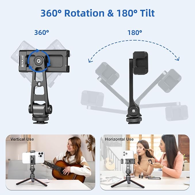 PULUZ Tripod Phone Mount, Universal Smartphone Mount Adapter Rotatable Bracket with 1/4 inch Screw, 360° Rotates and 180° Tilts Adjustable Cell Phone Clamp Holder for Mobile Photography