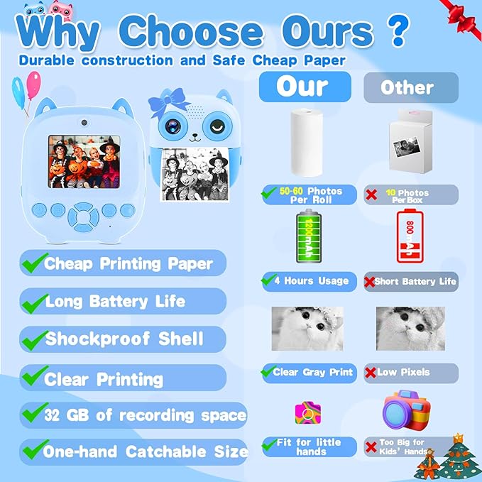 Kids Camera Instant Print, 32G 1080P HD Dual-Lens Selfie Digital Cameras, Christmas Birthday Gifts for Girls Boys, Toddler Portable Toys for 3 4 5 6 7 8 9 10 Year Old Girl-Blue
