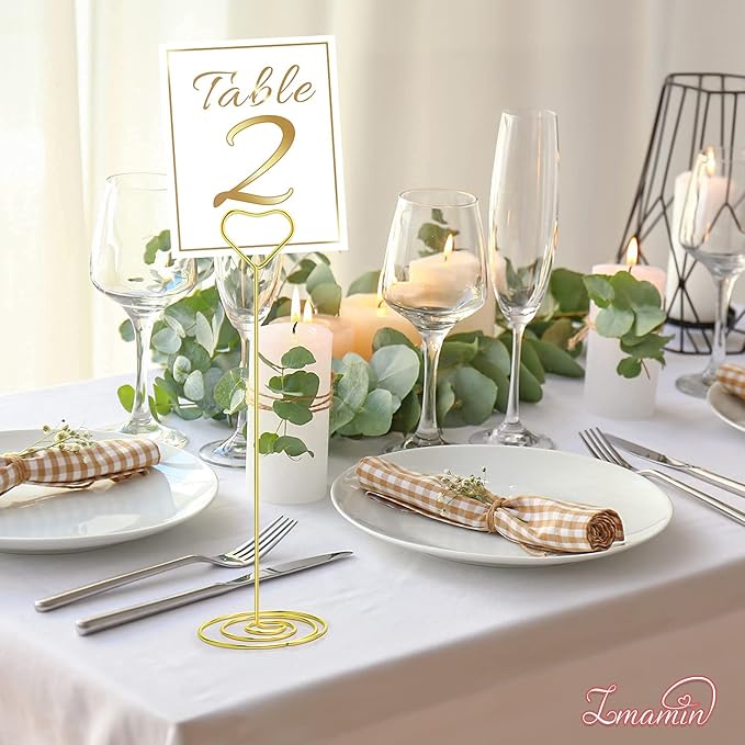 IMAMIN 16pcs Place Card Holders, 8.75 Inches Tall Table Number Holders, Gold Picture Holder for Tables with Heart Shaped Clip for Wedding, Photos, Food Signs, Memo Notes, Restaurant, Birthday