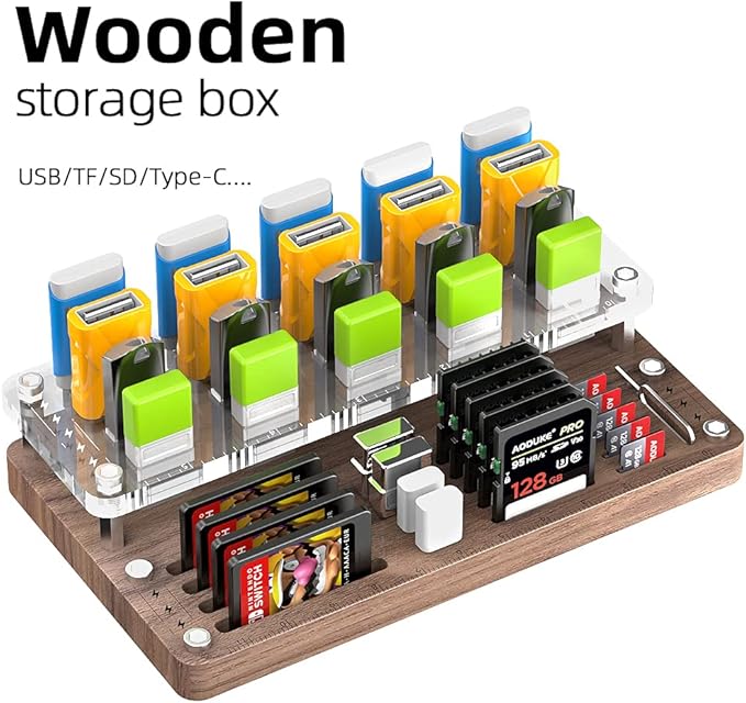 Wooden Memory Card Case for TF, SD, Micro SD Cards and USB Drives - Desk Holder and Carrying Case - AJSNH03MY