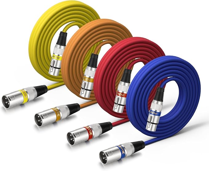 EBXYA XLR Cables 15ft 4 Packs - Mic Balanced DMX Cable with 3-Pin XLR Male to Female Microphone Cable (Red, Orange, Yellow, Blue)