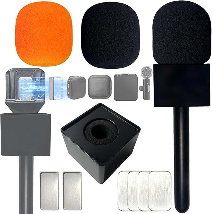 Mic Handle for DJI/DJI Mini/2/3, Microphone Holder for Rode GO/Hollyland Lark Wireless Lavalier Mic, Universal Magnetic Mic Holder with Flag/Pop Filter for Vlogging, Interview, Podcast, Reports