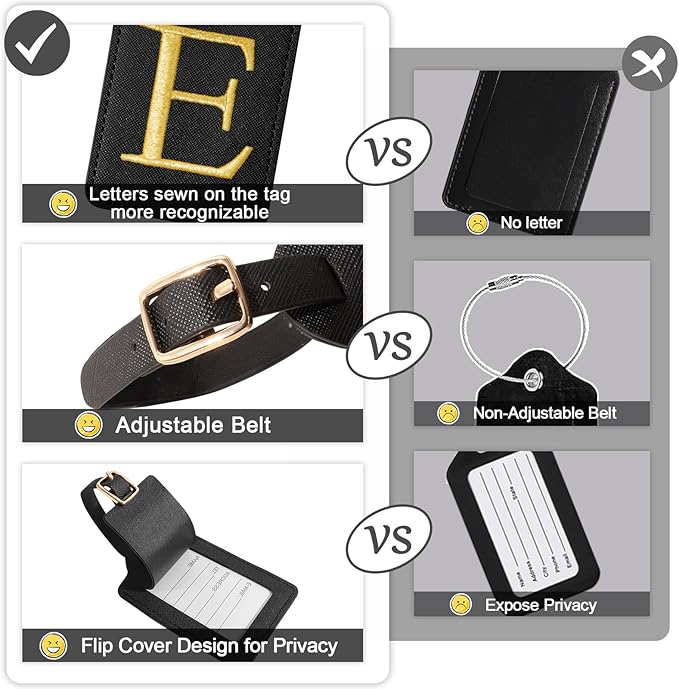 Initial Luggage Tags for Suitcases, Cute Embroidered Letter Luggage Bag Suitcase Identifier Name Baggage Tag, PU Leather Travel Luggage Tags, Bag Tags for Men Women Kids Luggage Handbags(Black E)