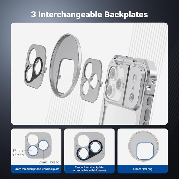 NEEWER Phone Cage Kit Compatible with iPhone 17 Pro Only, Video Rig Stabilizer Accessories with 67mm Filter Ring, 17mm & T Mount Lens Backplates, Quick Release Bluetooth Handle, PA143 (Silver)