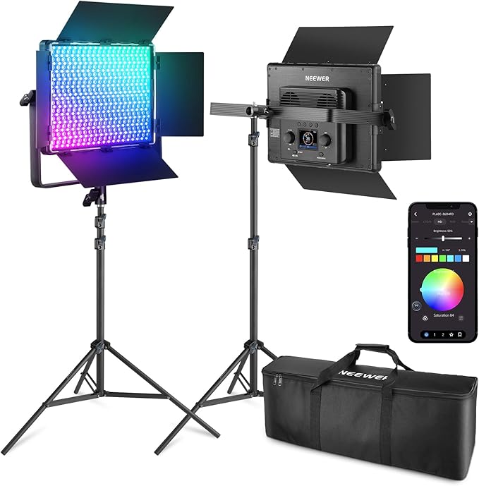 NEEWER 2 Pack PL60C RGB LED Panel Video Light Kit with 6.6ft/2m Spring Cushioned Tripod Stands/Bag, APP/2.4G/DMX Control, 60W 2500-10000K Pro Photography Studio Recording Streaming Key Lighting