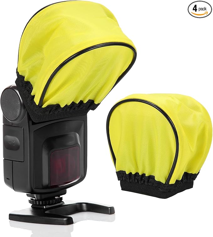 PATIKIL 3.5" x 2.4" Soft Mini Flash Diffuser Cap, 4 Pack Universal Elastic Flash Diffuser Cover for DSLR Camera Flashlight, Yellow