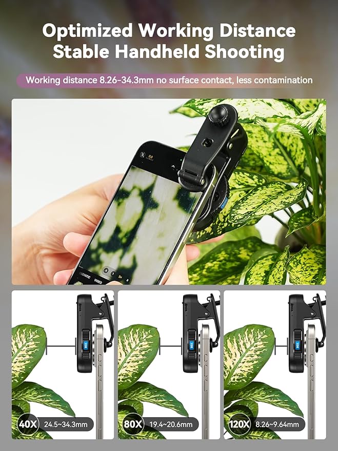 MIAO LAB Phone Microscope, 40x/80x/120x 3-in-1 Switchable Magnification Portable Microscope with LED UV Light CPL Lens for iPhone & Android Phone Zoom Lens Attachment for Plants/Coins/Jewelry