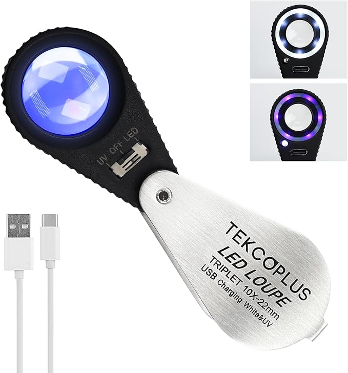 10x Jewelers Loupe Magnifier with UV & LED Lights, 22mm Triplet Lens Rechargeable Jewelers Loupe Foldable Jewelry Magnifier Portable Jewelry Magnifier Inspection Loupe for Gems, Jewelry, Coins, Rocks