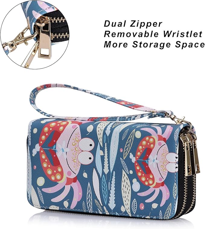 Cellphone Wallet for Women Dual Zipper Long Purse with Removable Wristlet