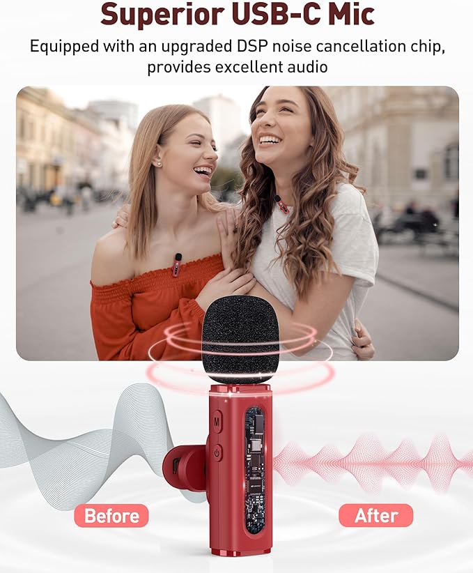 USB C Lavalier Microphone Wireless Mini Mic for Type-C Android Phone/Tablet/PC Video Recording Clip-on Mics with Rotatable Clip&Denoise Recording, Ideal for Vlog Tiktok Youtube Content Creator, Red