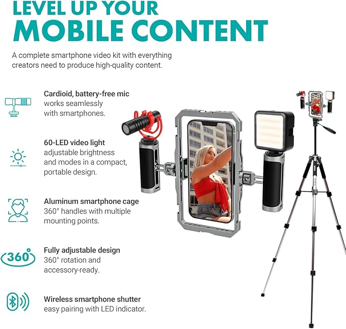 Movo iFilmer-PRO Smartphone Video Rig Kit – Stabilizer Cage with Dual Grips, VXR10 Shotgun Microphone, LED Light, & Tripod for iPhone/Android