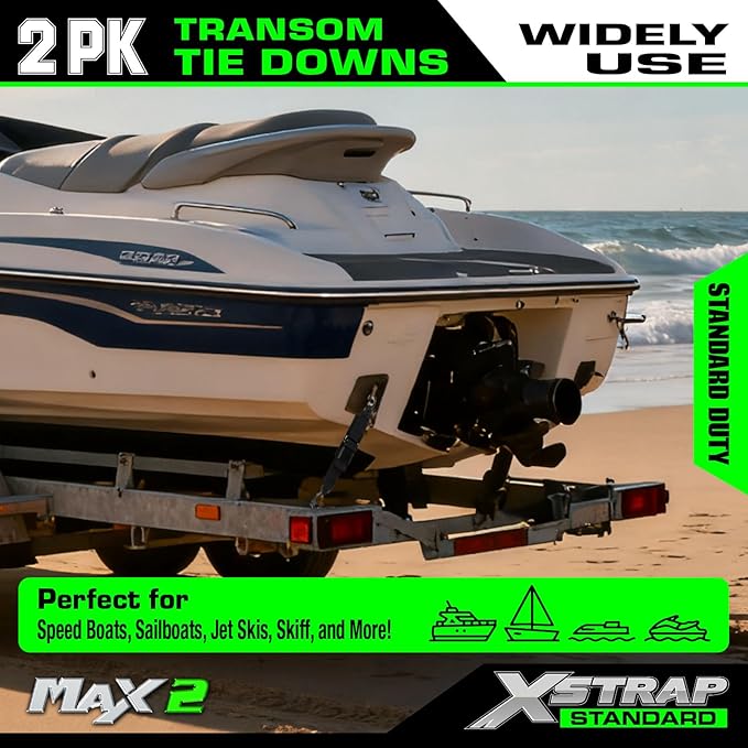 XSTRAP STANDARD 2PK 2''x 4' Adjustable Tie-Down Wide Webbing Rated Capacity: 1200 lb Moving Straps Tie Downs Marine Boat Strap Trailer with Hooks Prevent Corrosion Yet Easy