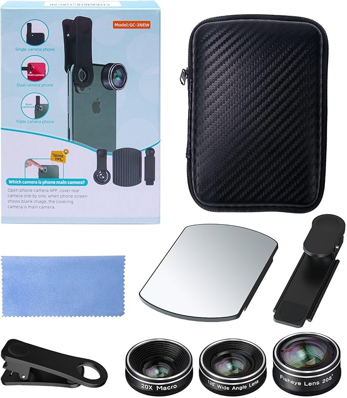 Phone Camera Lens, 198 Fisheye Lens + 120 Super Wide-Angle Lens + 20x Macro Lenses Camera Photography Accessories kit Gadgets for iPhone Samsung Android Smartphone