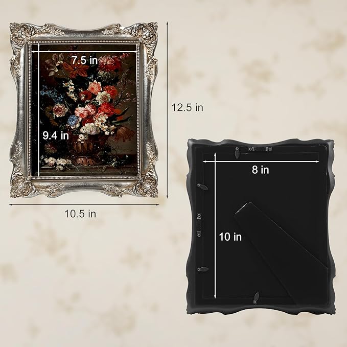 Vintage Picture Frame 8x10, Ornate Baroque Gothic Victorian Frames with Mat for 5x7 or 8x10 Photos, Tabletop or Wall Display, Antique Silver Home Decor Accent