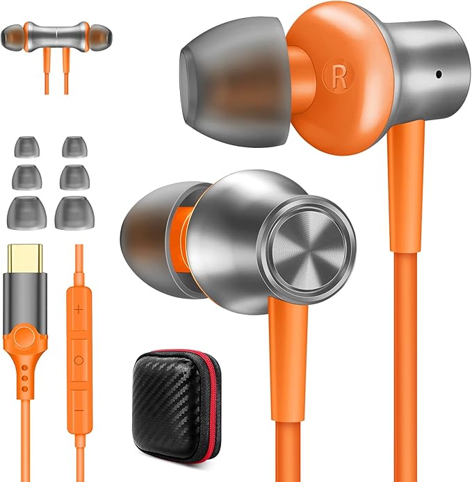 Jiunai USB C Earbuds for Samsung S26 Wired Headphones with USB C Plug in Ear Magnetic Stereo Remote Control Corded Type C Earphones for iPhone 17 16 15 Galaxy S25 S24 Pixel 10 for iPad Pro Orange Grey