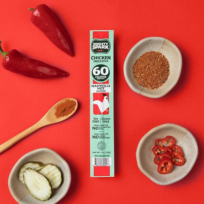 Mighty Spark Chicken Snack Sticks - Nashville Hot - 6g of Protein, No Antibiotics, No Hormones, Gluten Free, Soy Free Meat Sticks - High Protein Keto Snacks, Weight Watchers Approved - 12 Count