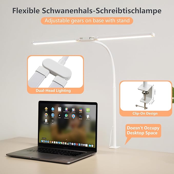 Dual-Head LED Desk Lamp for Office Home, Adjustable Flexible Eye-Caring Desk Light, 5 Modes 10 Brightness Adjustment, USB Adapter Desk Lamp with Clamp-ST-W