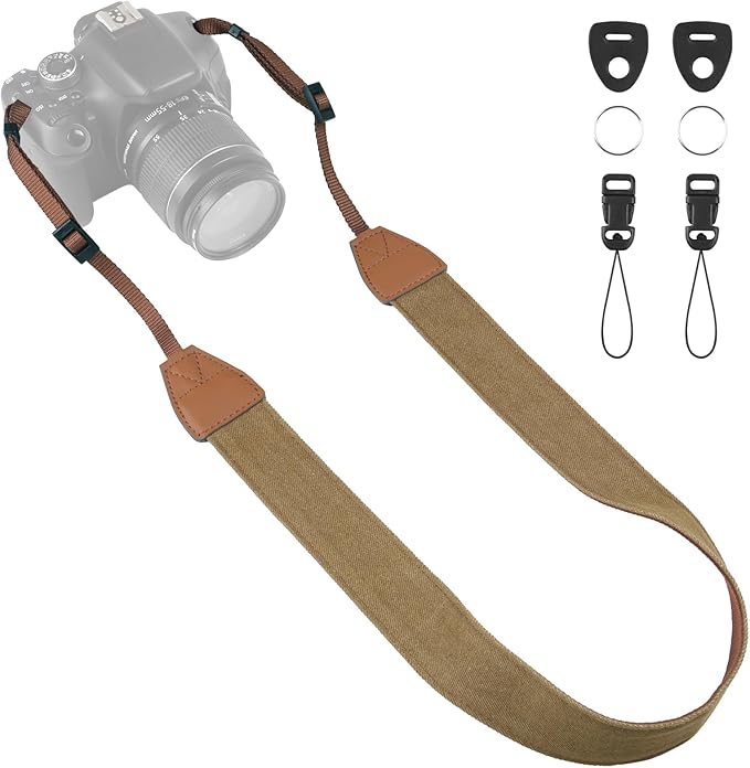 Universal Camera Strap - Camera Neck Strap, Adjustable Shoulder Straps Compatible with Canon, Fujifilm, Nikon, Olympus, Panasonic and other SLR and mirrorless cameras - Khaki and Brown