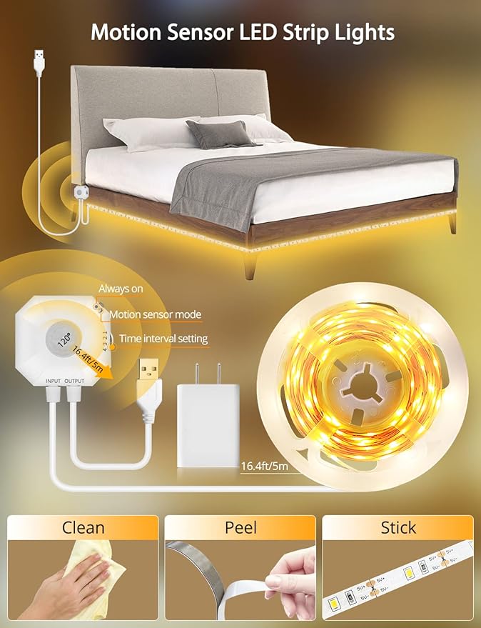 MATICOD Motion Sensor Lights Indoor Under Bed Lights, 3500K Motion Sensor Led Strip Lights for Bedroom, Warm White Under Cabinet Lights for Kitchen, Closet, Stair Night Light, 16.4ft NO APP