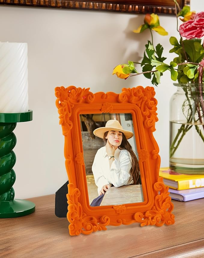 4x6 Orange Picture Frame for Drawings Prints, Small Colorful Decorative Frame with Real Glass/Stand, Retro Ornate Memorial Frame Gift for Wedding Baby Shower Retirement (Orange)