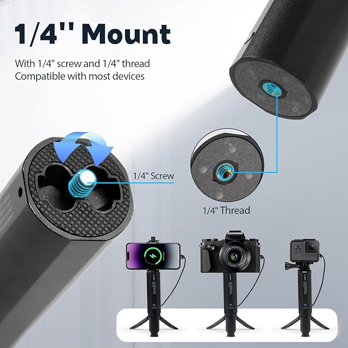 Ailight Battery Handle Grip, 5000mAh Extended Power with 20W PD Charging, Portable Charger Tripod Vlog Accessory with 1/4" Screw for GoPro Hero 13/12/11/10/9 & Insta360 DJI Action 6/5 Camera - Black