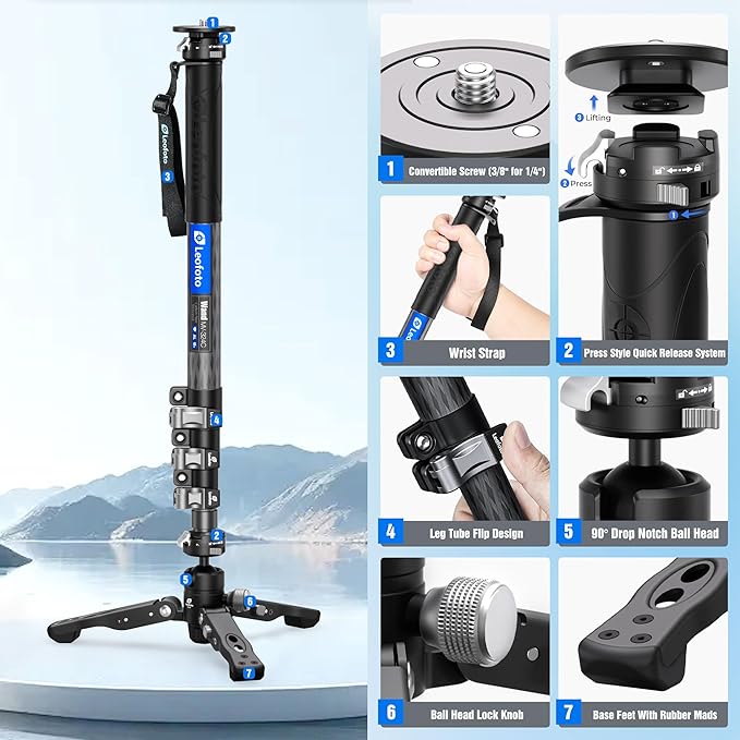 LEOFOTO Carbon Fiber Monopod with Feet, 59" Portable Lightweight Travel Monopod for DSLR Camera, 360° Panorama, 4 Leg Section, Modular 3 in 1
