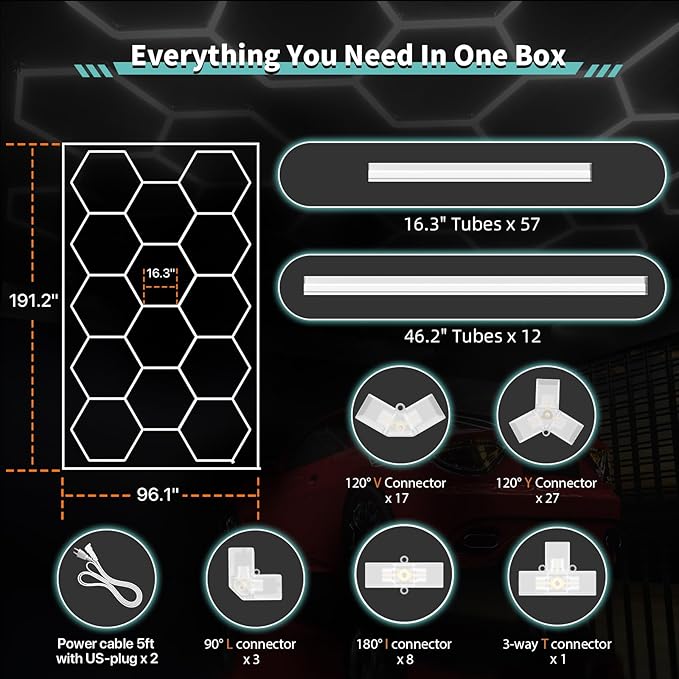 Hexagon Garage Lights, 14 Grids LED Garage Hexagon Lights with Rectangle Frame, 6500K Super Bright Honeycomb Lights for Garage, Warehouse, Car Detailing Shop, Exhibition Hall, Gym