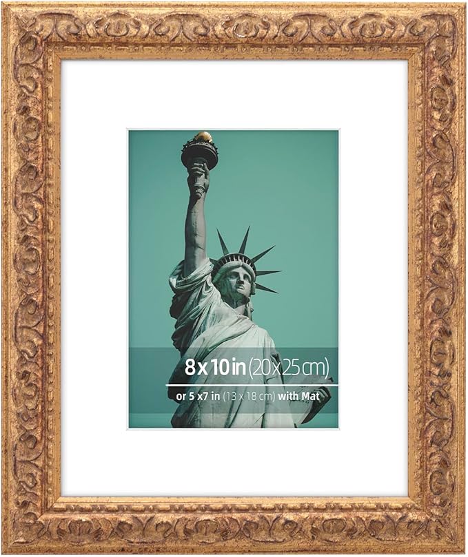 8x10 inch Distressed Wood Embossed Scroll Motif Vintage Antique Rustic Picture Frame, White Mat for 5x7 in Photo, Art Print Drawing, Wall Hanging or Desktop Display-Rustic Gold