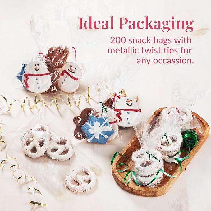 Prestee 200 Pack Clear Cellophane Bags for Favors - Transparent Goodie Bags for Birthday Party, 6x10 Inch Clear Bags with 4-Inch Twist Ties - Candy, Treat, Cookie Bags for Gift Giving