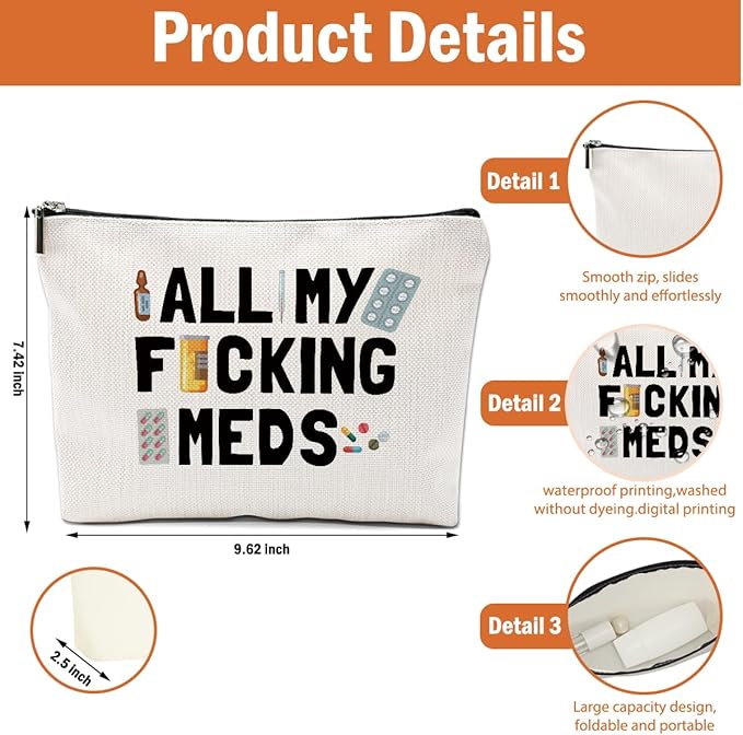 2 PCs Medicine Bag Funny Makeup Bag Meds Bag Cosmetic Bag, Doctor Gifts Pill Bag, Doctor Gift Medical Gifts for Women Girls Pharmacist Nurse Coworkers Christmas birthday Gifts Zipper Pouch