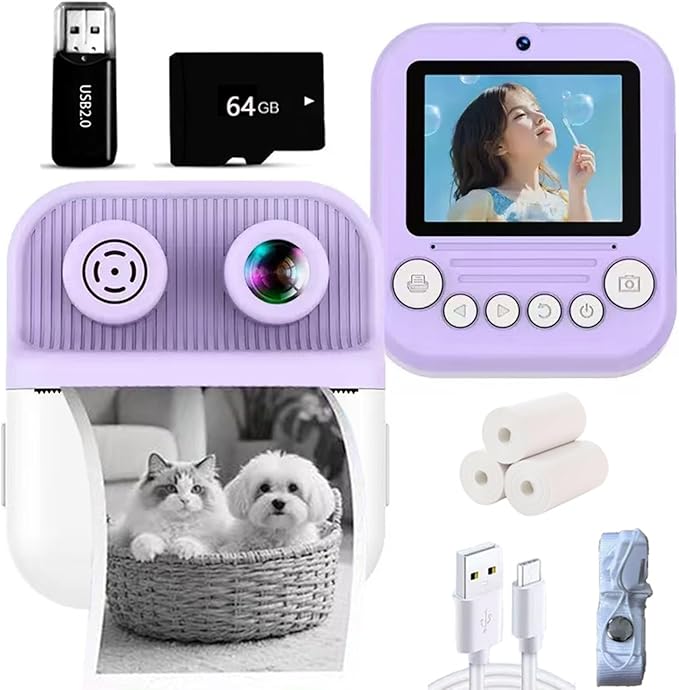 Dual-Lens Instant Print Camera for Kids, 48MP Thermal Instant Printing Camera with 2.4 Inch IPS Screen for Toddler, Boys Girls Christmas Birthday Gifts Photo Printer with 64GB SD Card (Purple)