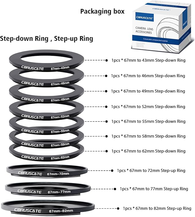 10Pcs 67mm Filter Ring Adapter Set,Metal Step-Up Ring for All Brands UV ND CPL (67-43mm,67-46mm,67-49mm,67-52mm,67-55mm,67-58mm,67-62mm,67-72mm,67-77mm,67-82mm)