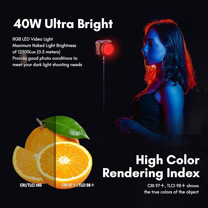 Tolifo 40W LED Video Light, Pocket RGBWW Creator Kit with App Control, Diffusor, Barndoor, Honeycomb Grid, Cold Shoe, Desktop Grip, Hardcase & 20 FX Modes (PalmLED Mini Pl-40RGB)