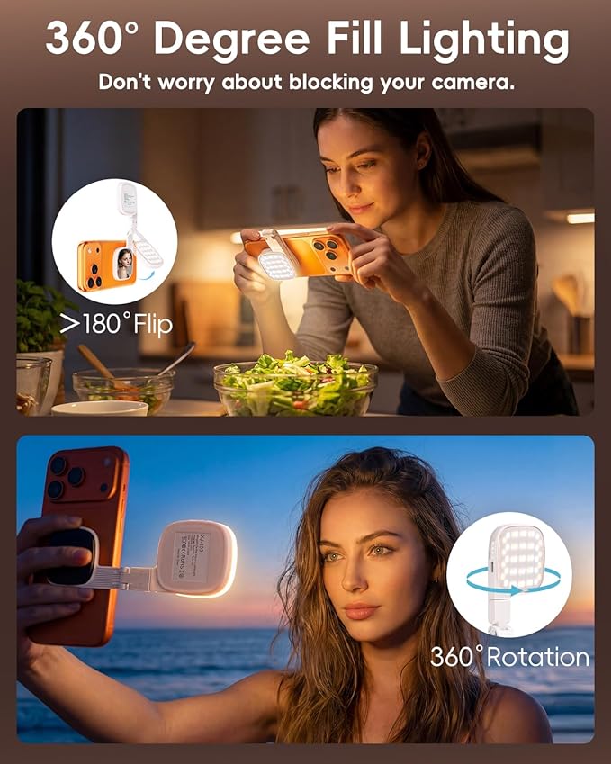 Magnetic Selfie Light for Video Calls, 360° Foldable Ring Light with 3 Colors & Dimmable Brightness, 1000mAh, MagSafe Compatible with iPhone 17-12 & All Phones for Zoom/TikTok/Selfie（White）