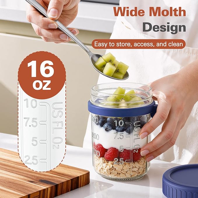 Cozyverge 6 Pack Overnight Oats Containers with Lids and Spoons, 16 oz Airtight Oatmeal Container with Measurement Marks, Overnight Oats Jars Large Capacity Airtight Jars for Milk, Cereal, Fruit