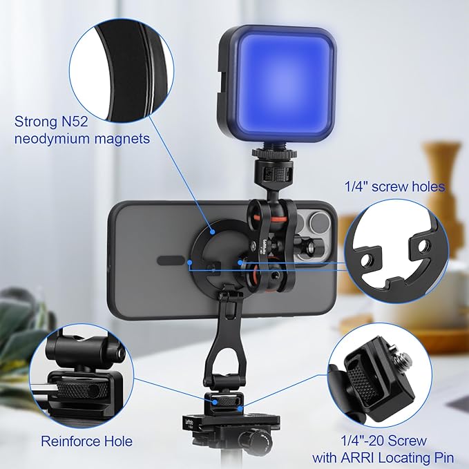 Leftfoto Metal Strong Magnetic Phone Stand with 1/4"-20 ARRI Locating Screw -Adjustable Foldable Holder for iPhone 17 16 15 14 13 12 Pro Max Mini & Magsafe Case,for Vlogging/Video Shooting