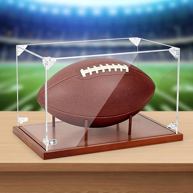 Hooqict Football Display Case Acrylic Clear Full Size with Solid Wood Base UV Protected Football Holder Stand Display Case for Sports Collections Autographed Ball Memorabilia Gifts