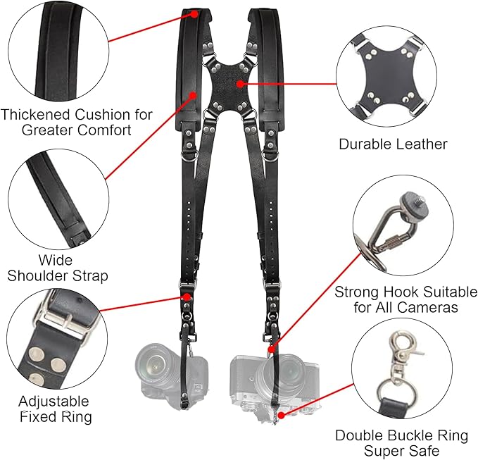 KINGTAIXIN Camera Harness, Dual Camera Harness for Photographers, Leather Camera Strap for Two-Cameras for DSLR/SLR Strap