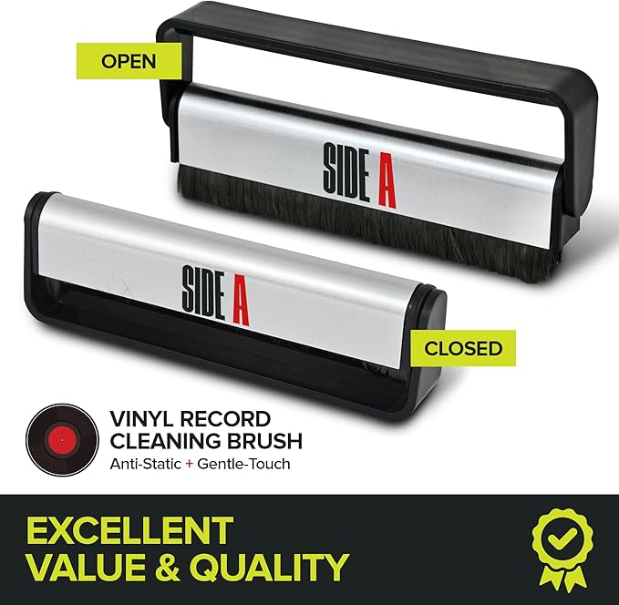 Side A Vinyl Record Brush with Soft Carbon Fibre Bristles, Anti-Static, Gentle Cleaning & Dusting- Essential Record Player Accessory