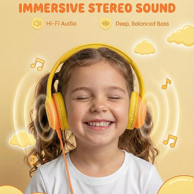Wired Kids Headphones with USB C Plug, 85dB Safe Volume, Adjustable Headband, Tangle-Free Cord Headphones for School, Tablet, Travel (Yellow & Orange, Without Microphone)