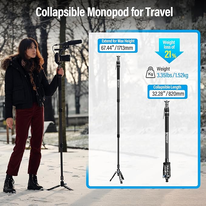 SIRUI SVM-165 Rapid Monopod for Cameras, 65” Carbon Fiber Monopod with Feet, One-Step Rapid Height Adjustment, Lightweight for DSLR Camera, Modular 3 in 1, Max Load 22lbs