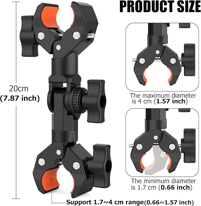 Double Clamp Mount Bracket Magic Arm with 1/4" Screw Interface, Double Super Camera Umbrella Clamp for Chair, Strollers, Photo Studio Light Stand, Motorcycle, Poles, Photography Reflector, Flag