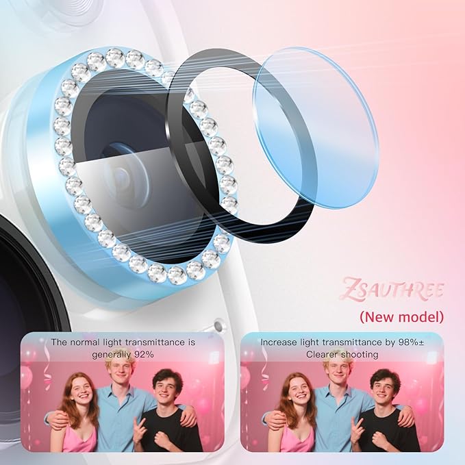 Camera Lens Protector Bling Compatible for iPhone 16 Pro/16 Pro Max,9H Tempered Glass,1Step Installation Tray,HD Clear/Military Grade Shatterproof/Scratch Resistant(Diamond Ocean Blue)