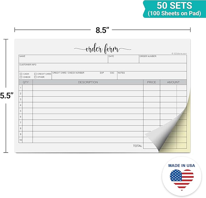 321Done Order Form Pad, 5.5x8.5 Landscape 2-Part Carbonless, Made in USA, Carbon Copy Purchase Sales Receipt Book for Small Business Invoice (50 Sets) White/Yellow, Premium Paper