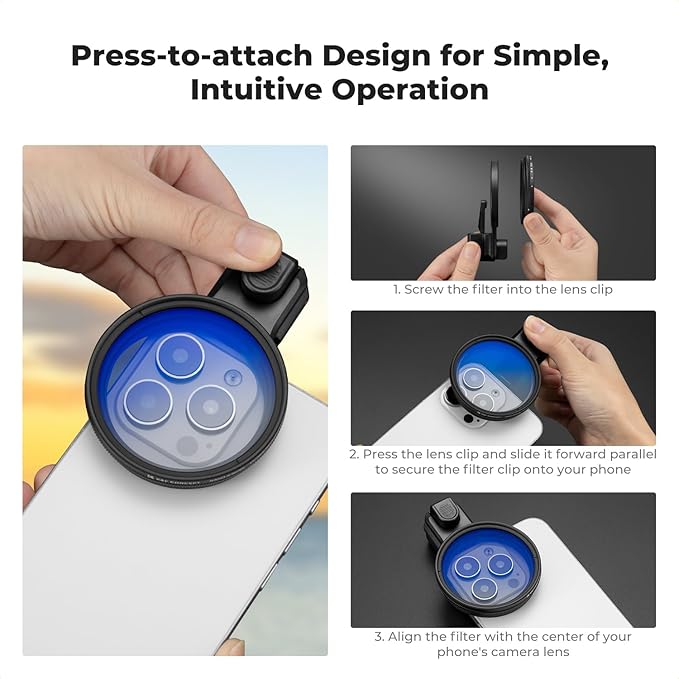 K&F CONCEPT 58mm Press-on CPL Phone Lens Filter Kit, Polarizing Filter Compatible with iPhone 17/16/15/14/13/12 Standard, 16/15/14/13/12 Pro/Pro Max, 58mm Threaded Filters