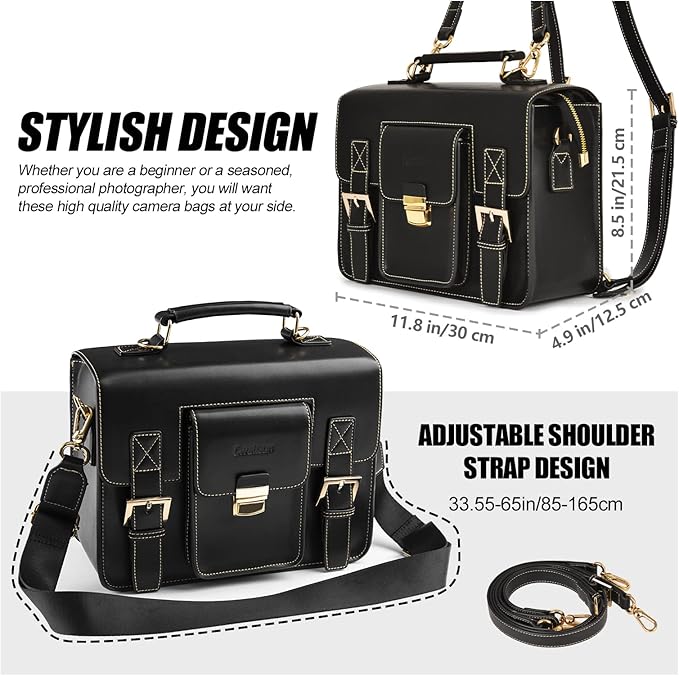 Cwatcun Leather Camera Bag Compact Shoulder Bag for Women, Vintage Sling Case Crossbody, Travel Photography Backpack for Canon, Nikon, Sony, Fuji DSLR/SLR/Mirrorless Cameras, Lens Accessories